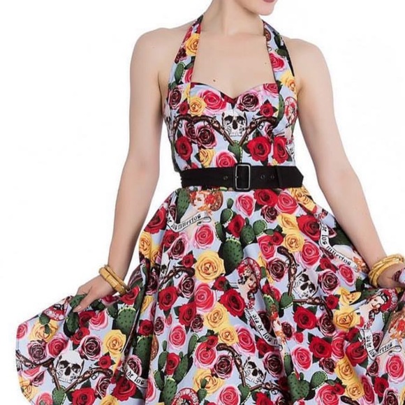 HELL BUNNY Mexico 50s Rockabilly Halter Neck Cotton Midi Dress - Picture 2 of 16